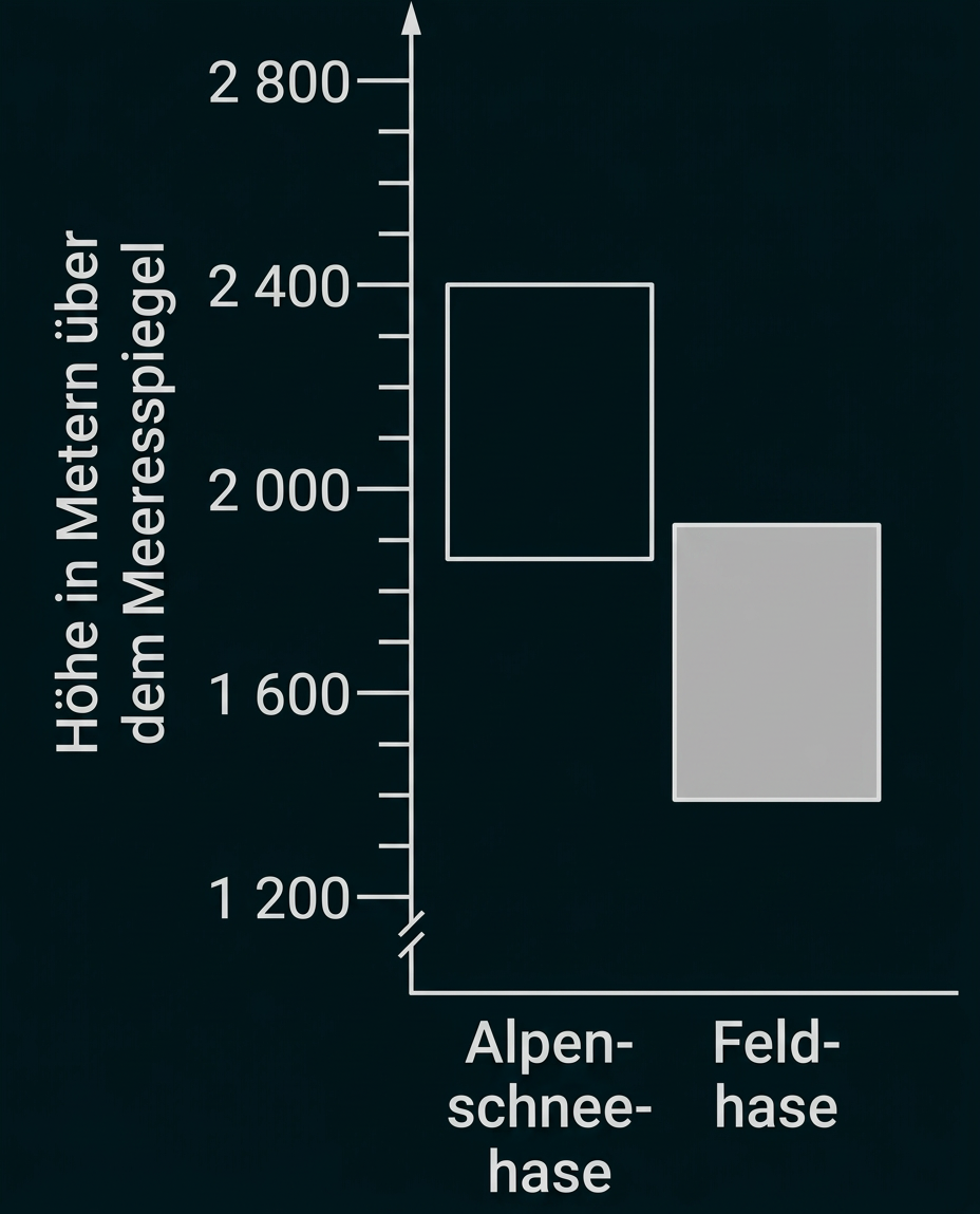 Diagramm mit Höhenangaben über dem Meeresspiegel für Alpenschneehase und Feldhase.